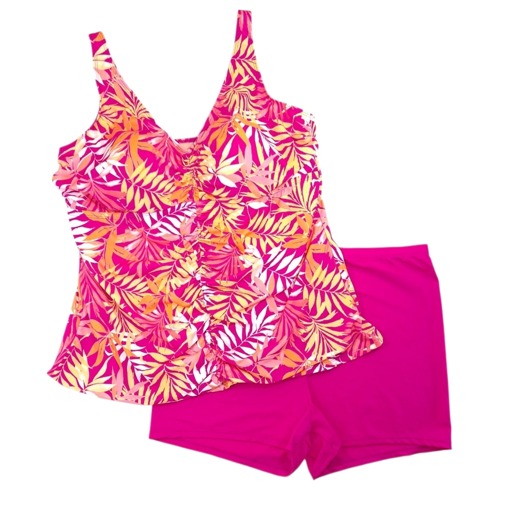 NWOT Swimsuits For All x Kim Gravel Women's Tankini Tropical Pink 2-Piece - 22W